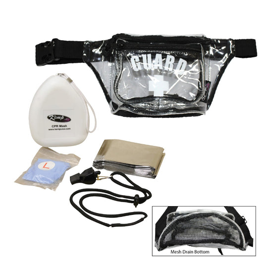 Kemp USA Hip Pack with Mesh Drain, GUARD Logo, Lifeguard Essentials Supply Pack, Clear