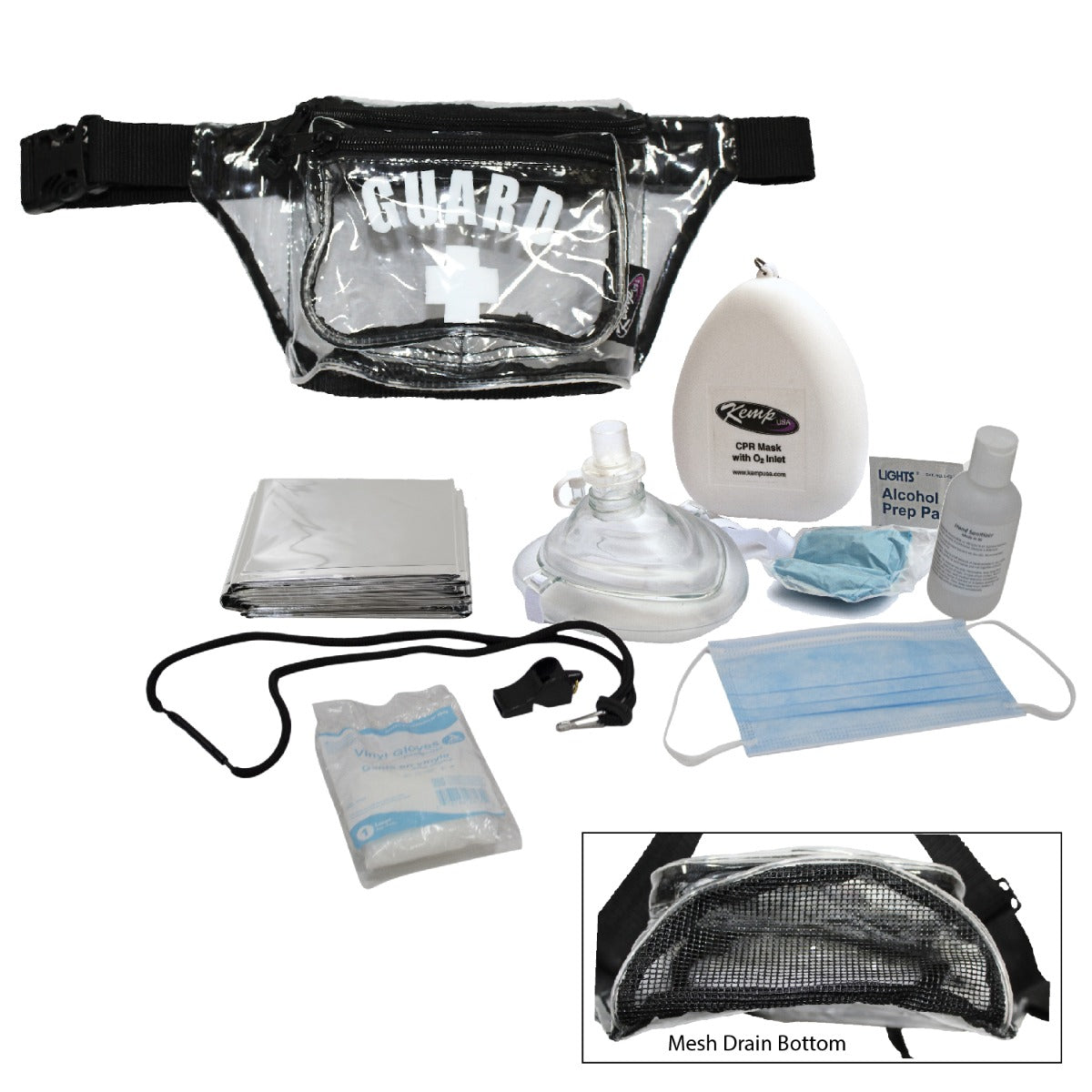 Kemp USA Hip Pack with Mesh Drain, GUARD Logo, PPE Supply Pack, Clear