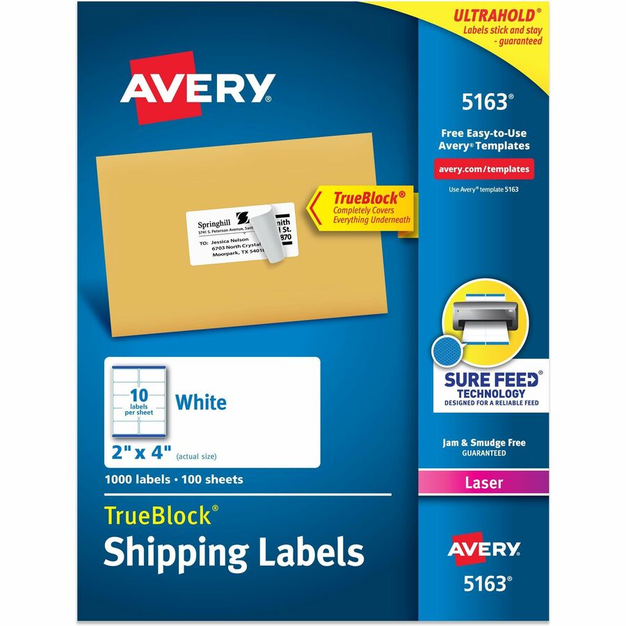 Avery&reg, Shipping Labels, Sure Feed, 2" x 4" 1,000 White Labels (5163) - 2" Width x 4" Length - Permanent Adhesive - Rectangle - Laser - Matte - White - Paper - 10 / Sheet - 100 Total Sheets - 1000 Total Label(s) - 1000 / Box