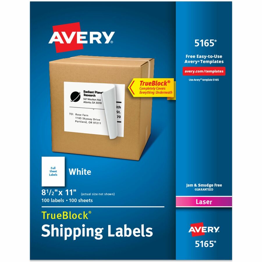 Avery&reg, Shipping Labels, Permanent Adhesive, 8-1/2" x 11" , 100 Labels (5165) - 11" Height x 8 1/2" Width x 11" Length - Full Sheet - Permanent Adhesive - Laser - Matte - White - Paper - 1 / Sheet - 100 Total Sheets - 100 Total Label(s) - 100 / Box