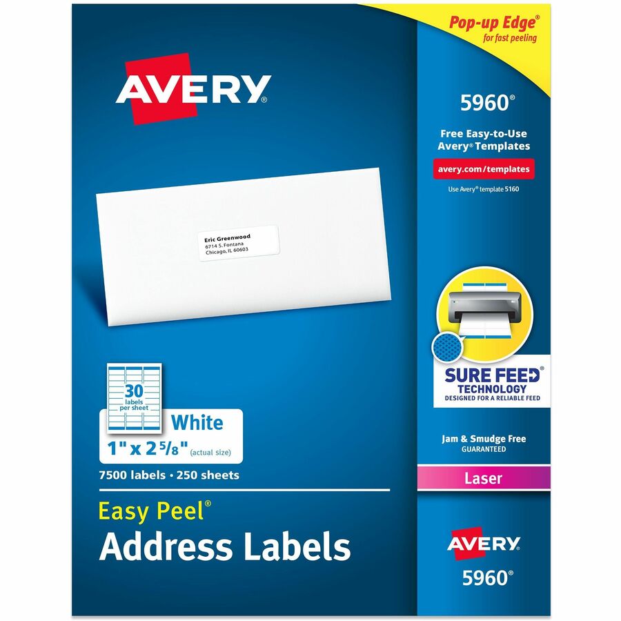 Avery&reg, Easy Peel Address Labels - 1" Width x 2 5/8" Length - Permanent Adhesive - Rectangle - Laser - Matte - White - Paper - 30 / Sheet - 250 Total Sheets - 7500 Total Label(s) - 7500 / Box