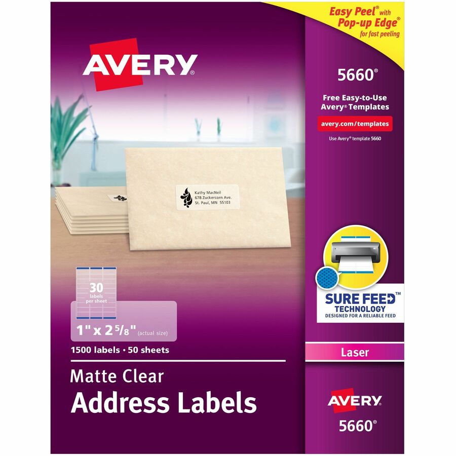 Avery Address Labels, 1" x 2-5/8" , Matte Clear, 1,500ct (5660) - x 1" Width x 2 5/8" Length - Full Sheet - Permanent Adhesive - Rectangle - Laser - Matte - Clear - Film - 30 / Sheet - 50 Total Sheets - 1500 Total Label(s) - For Label Printer - 1500 / Box
