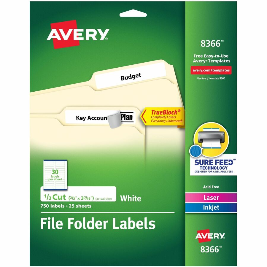 Avery&reg, File Folder Labels - 2/3" Width x 3 7/16" Length - Permanent Adhesive - Rectangle - Inkjet, Laser - Matte - White - Paper - 30 / Sheet - 25 Total Sheets - 750 Total Label(s) - 750 / Pack
