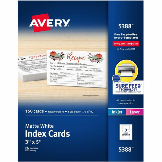 Avery, Laser, Inkjet Printable Index Cards - 97 Brightness - A7 - 3" x 5" - 65 lb Basis Weight - 176 g/m², Grammage - Matte - Perforated, Smudge-free, Jam-free, Uncoated, Micro Perforated, Smooth Edge, Double-sided, Recyclable - White - 50 Shee...