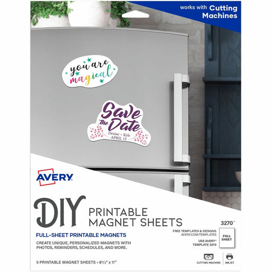 Avery, Printable Magnet Sheets, 8.5" x 11" , 5 Sheets (3270) - Letter - 8 1/2" x 11" - Matte - Magnetic, Printable, Lightweight - White - 1 Pack