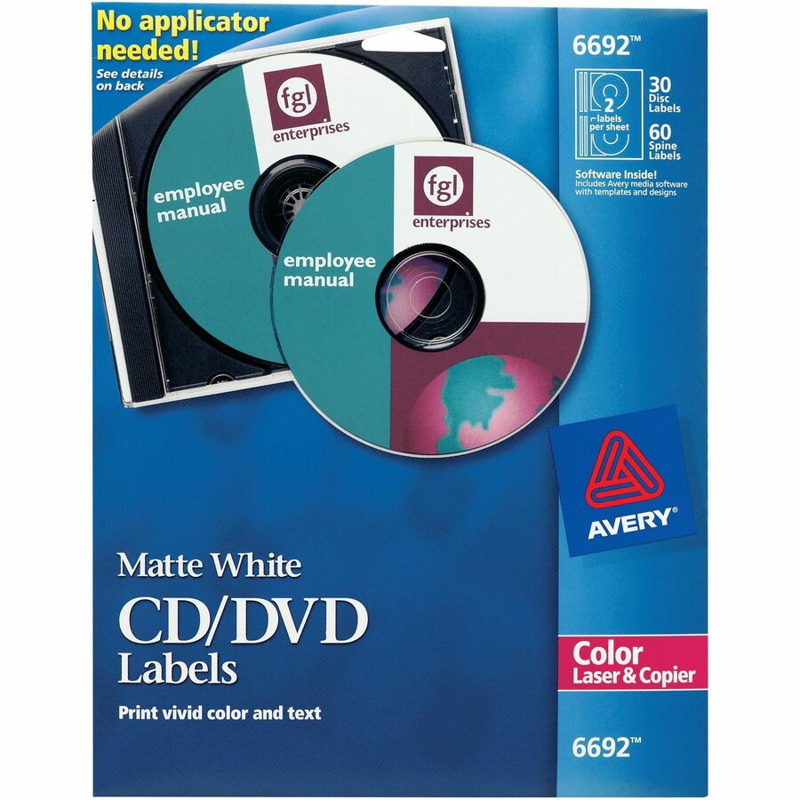 Avery&reg, Color Laser White Matte CD/DVD Labels - Permanent Adhesive - Laser - Matte - Matte White - Paper - 2 / Sheet - 15 Total Sheets - 30 Total Label(s) - 30 / Pack