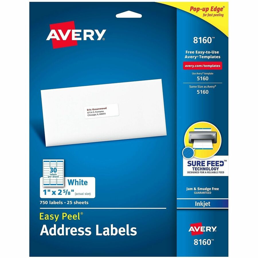 Avery&reg, Address Labels, 1" x 2-5/8" , White, 750 Labels (8160) - x 1" Width x 2 5/8" Length - Permanent Adhesive - Rectangle - Inkjet - Matte - White - Paper - 30 / Sheet - 25 Total Sheets - 750 Total Label(s) - For Label Printer - 750 / Pack
