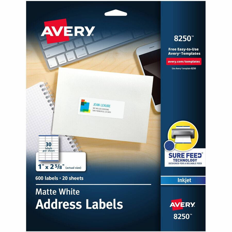 Avery&reg, Color Printing Labels - 1" Width x 2 5/8" Length - Permanent Adhesive - Rectangle - Inkjet - White - Paper - 30 / Sheet - 20 Total Sheets - 600 Total Label(s) - 600 / Pack