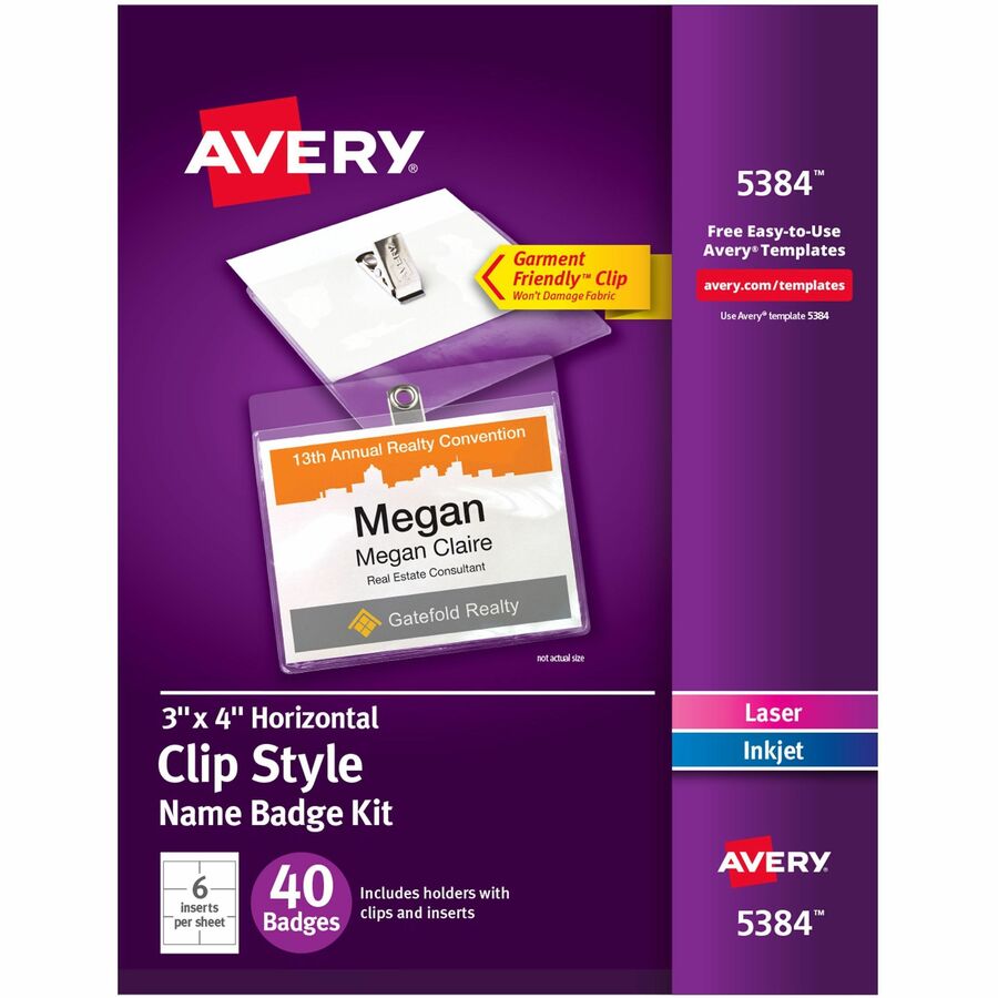 Avery&reg, Name Badges with Clips, 3" x 4" , 40 Badges (5384) - 8 1/2" x 11" - Printable, Durable, Clip, Reusable, Perforated, Self-adhesive, Flexible - White - 1 Box
