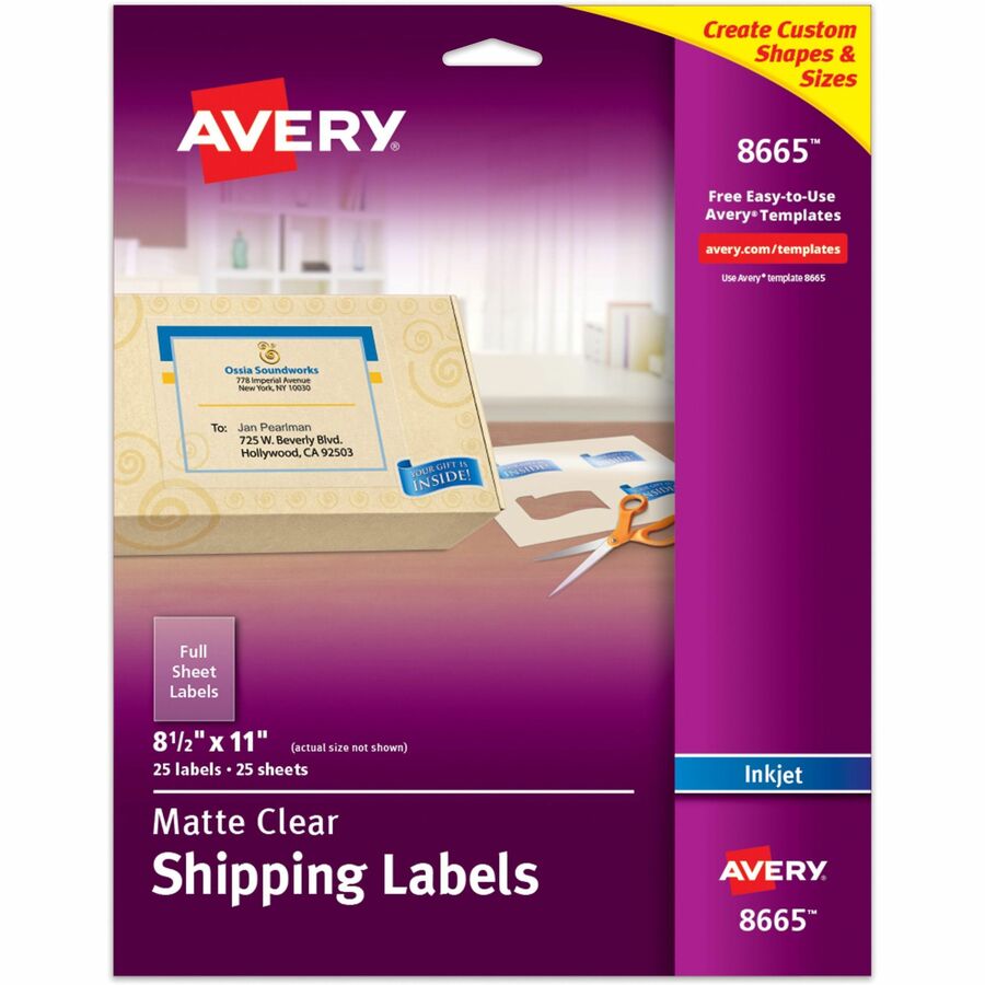 Avery&reg, Shipping Label - 8 1/2" Width x 11" Length - Permanent Adhesive - Rectangle - Inkjet - Matte - Clear - Film - 1 / Sheet - 25 Total Sheets - 25 Total Label(s) - 25 / Pack