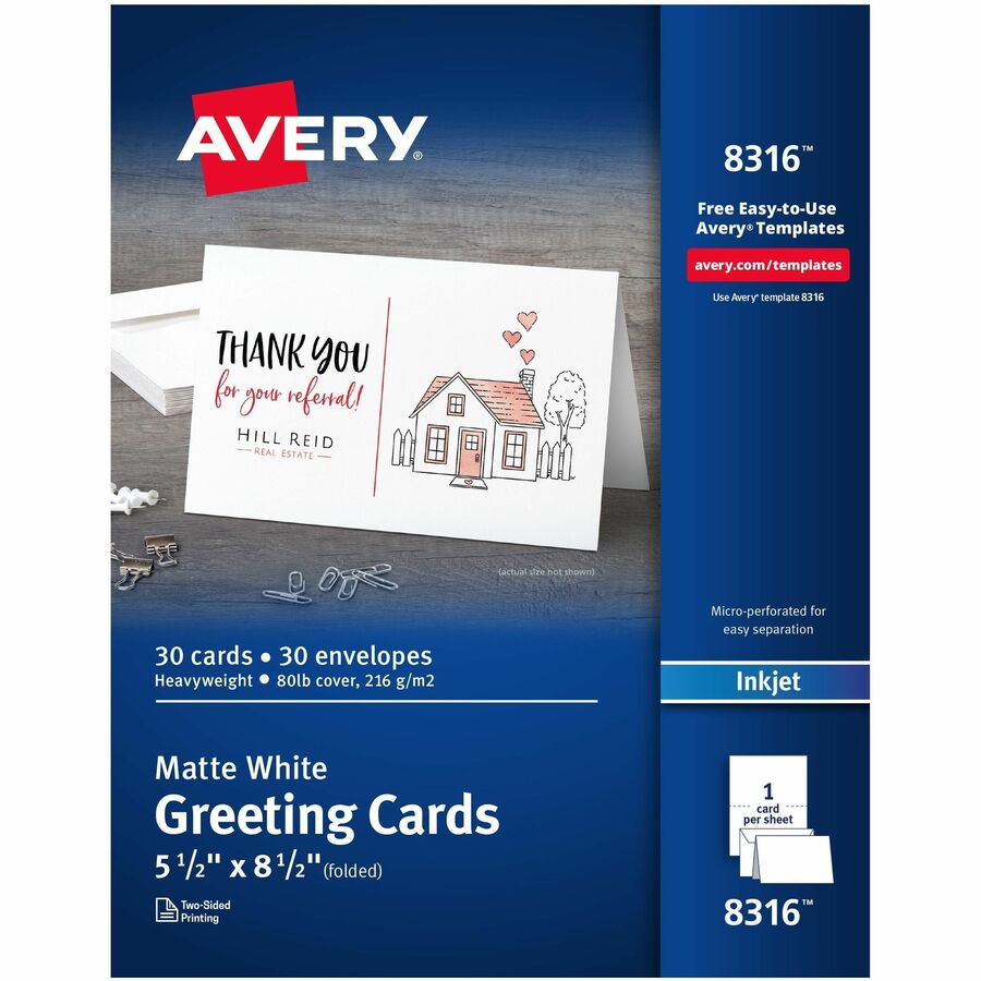 Avery&reg, Half-Fold Greeting Cards & Envelopes, Matte White (8316) - 96 Brightness - 8 1/2" x 5 1/2" - 80 lb Basis Weight - 216 g/m², Grammage - Matte - Perforated, Heavyweight, Rounded Corner, Pre-scored, Smooth Edge, Micro Perforated - White - 3...