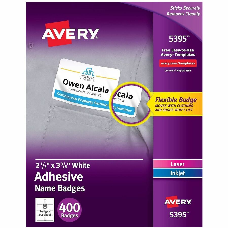 Avery&reg, Adhesive Name Badges - 2 21/64" Width x 3 3/8" Length - Removable Adhesive - Rectangle - Inkjet, Laser - Matte - White - Film - 8 / Sheet - 50 Total Sheets - 400 Total Label(s) - 400 / Box