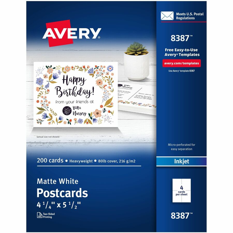 Avery&reg, Postcards - 97 Brightness - 4 1/4" x 5 1/2" - 80 lb Basis Weight - 216 g/m², Grammage - Matte - Heavyweight, Rounded Corner, Smudge-free, Jam-free, Recyclable, Biodegradable, Sturdy, Micro Perforated, Double-sided, Durable, Printable - W...