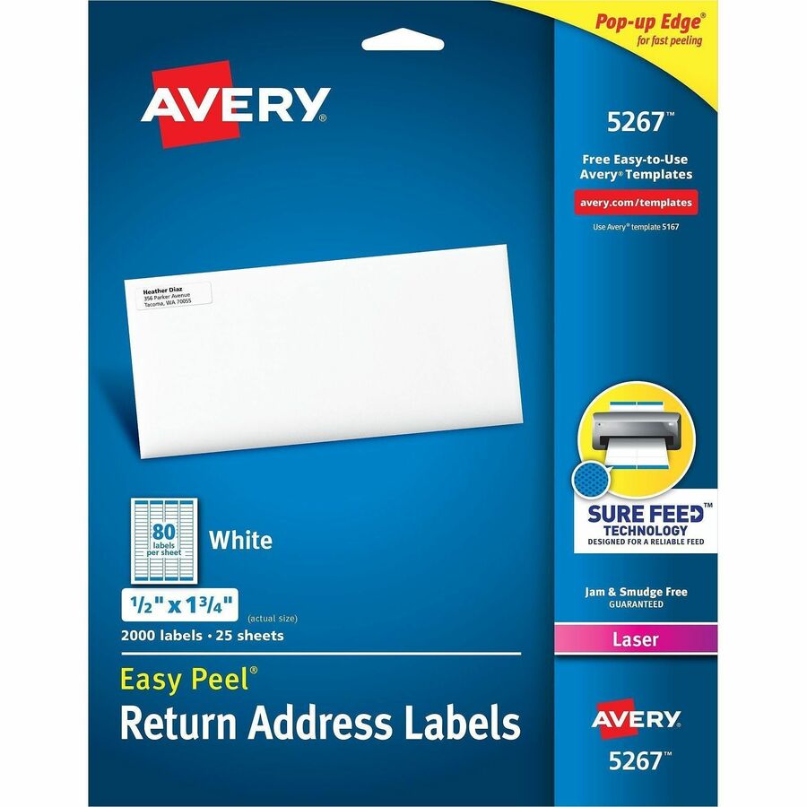 Avery&reg, Easy Peel Return Address Labels, 1/2"x1-3/4" 2,000 Labels (5267) - x 1/2" Width x 1 3/4" Length - Permanent Adhesive - Rectangle - Laser - Matte - White - Paper - 80 / Sheet - 25 Total Sheets - 2000 Total Label(s) - For Label Printer - 2000...