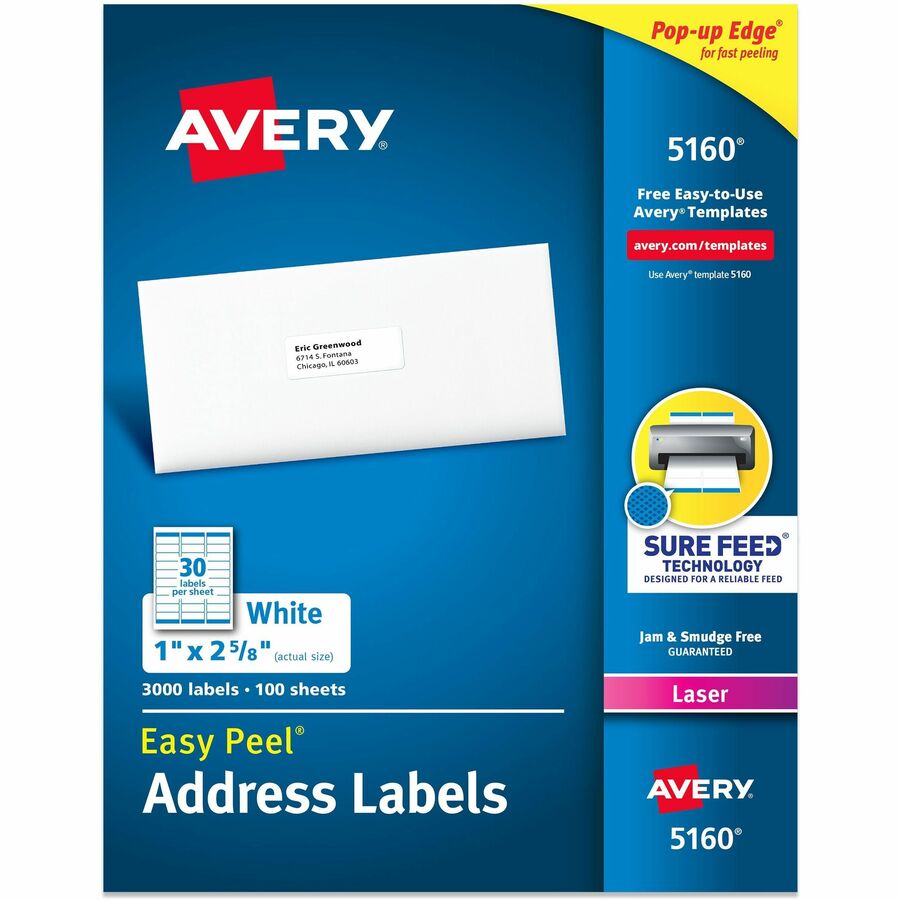 Avery&reg, Easy Peel&reg, Address Labels with Sure Feed™, Technology - 1" Width x 2 5/8" Length - Permanent Adhesive - Rectangle - Laser - Matte - White - Paper - 30 / Sheet - 100 Total Sheets - 3000 Total Label(s) - 3000 / Box