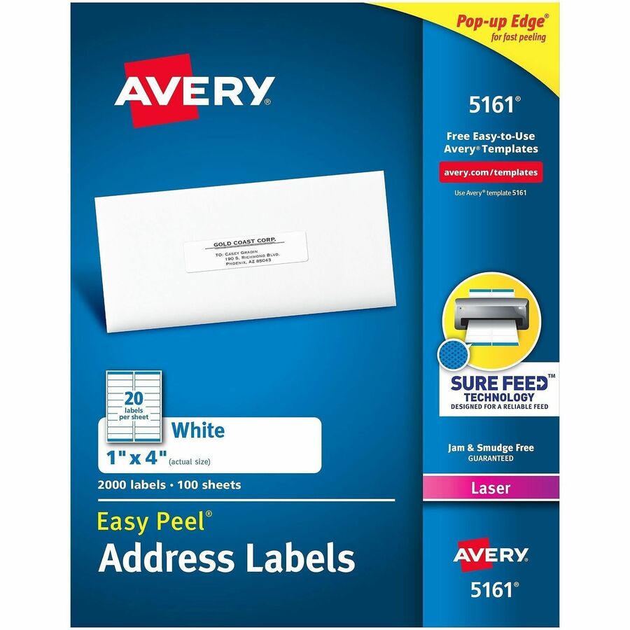 Avery&reg, Address Labels, 1" x 4" , White, 2,000ct (5161) - x 1" Width x 4" Length - Permanent Adhesive - Rectangle - Laser - Matte - White - Paper - 20 / Sheet - 100 Total Sheets - 2000 Total Label(s) - For Label Printer - 2000 / Box