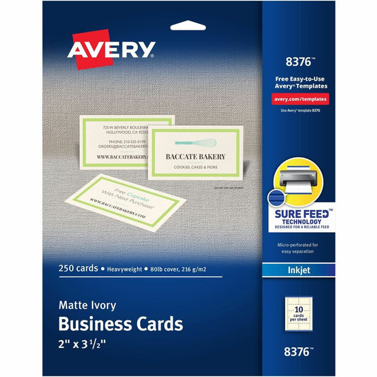 Avery, Sure Feed, Ivory Business Cards - 79 Brightness - A4 - 8 1/2" x 11" - 80 lb Basis Weight - 216 g/m², Grammage - Matte - Perforated, Heavyweight, Rounded Corner, Printable, Recyclable, Biodegradable, Smooth Edge, Double-sided, Smudge...