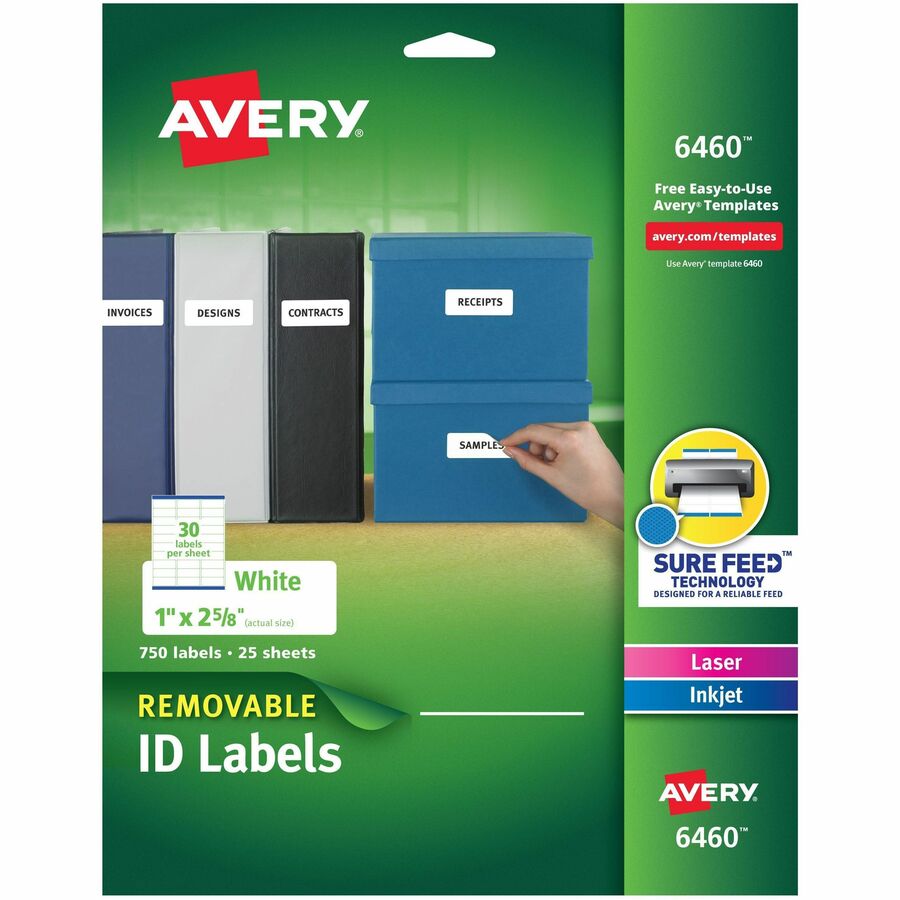 Avery&reg, Removable I.D. Laser/Inkjet Labels - 1" Width x 2 5/8" Length - Removable Adhesive - Rectangle - Inkjet, Laser - Matte - White - Paper - 30 / Sheet - 25 Total Sheets - 750 Total Label(s) - 750 / Pack
