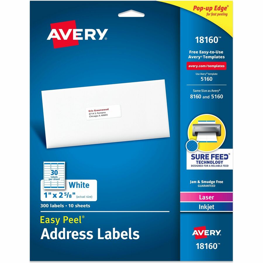 Avery&reg, Easy Peel Address Labels - Sure Feed Technology - 1" Width x 2 5/8" Length - Permanent Adhesive - Rectangle - Inkjet, Laser - Matte White - Matte - Paper - 30 / Sheet - 30 Total Sheets - 300 Total Label(s) - 300 / Pack