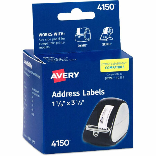 Avery, Direct Thermal Roll Labels - 1 1/8" Width x 3 1/2" Length - Permanent Adhesive - Rectangle - Thermal - White - Paper - Water Resistant - 130 / Sheet - 130 / Roll - 2 Total Sheets - 260 Total Label(s) - 260 / Box