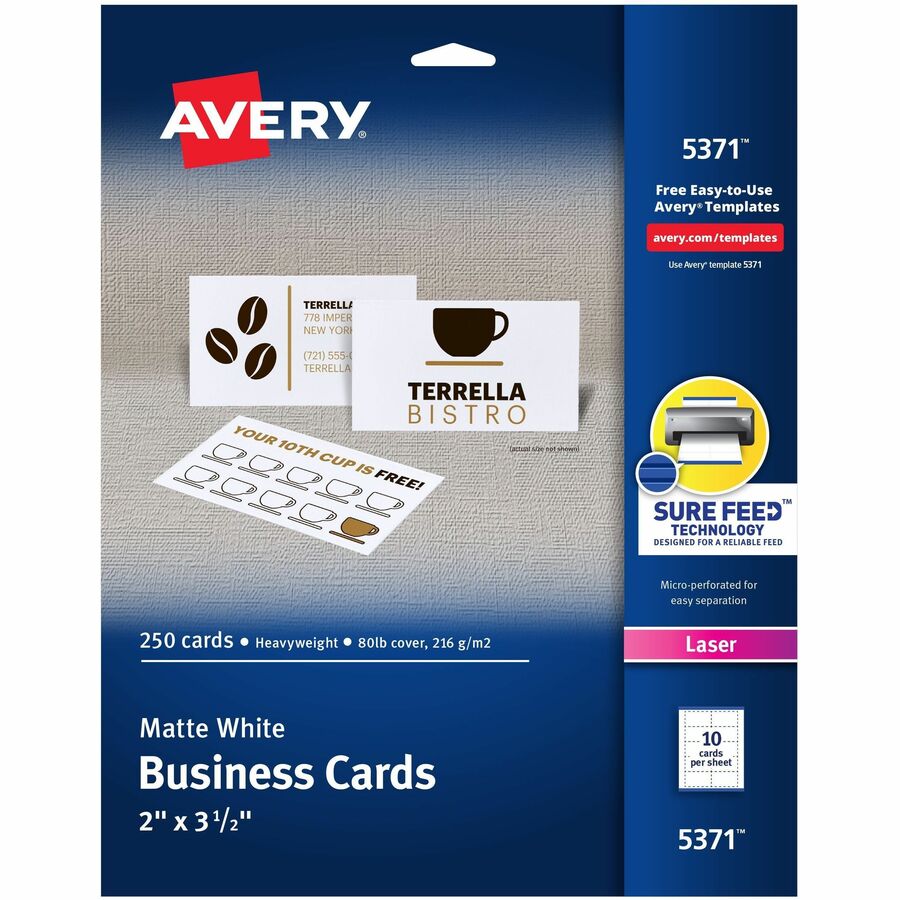Avery&reg, Microperforated Business Cards with Sure Feed(R) Technology - 97 Brightness - A4 - 8 1/2" x 11" - 80 lb Basis Weight - 216 g/m², Grammage - Matte - Heavyweight, Perforated, Smooth Edge, Recyclable, Anti-jam, Tear-off Card, Double-sided...