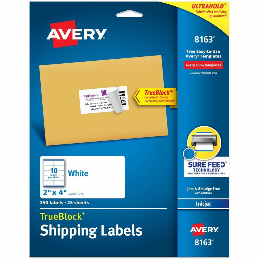 Avery&reg, Shipping Labels, Sure Feed&reg, , 2" x 4" , 250 Labels (8163) - 2" Width x 4" Length - Permanent Adhesive - Rectangle - Inkjet - Matte - White - Paper - 10 / Sheet - 25 Total Sheets - 250 Total Label(s) - 250 / Pack