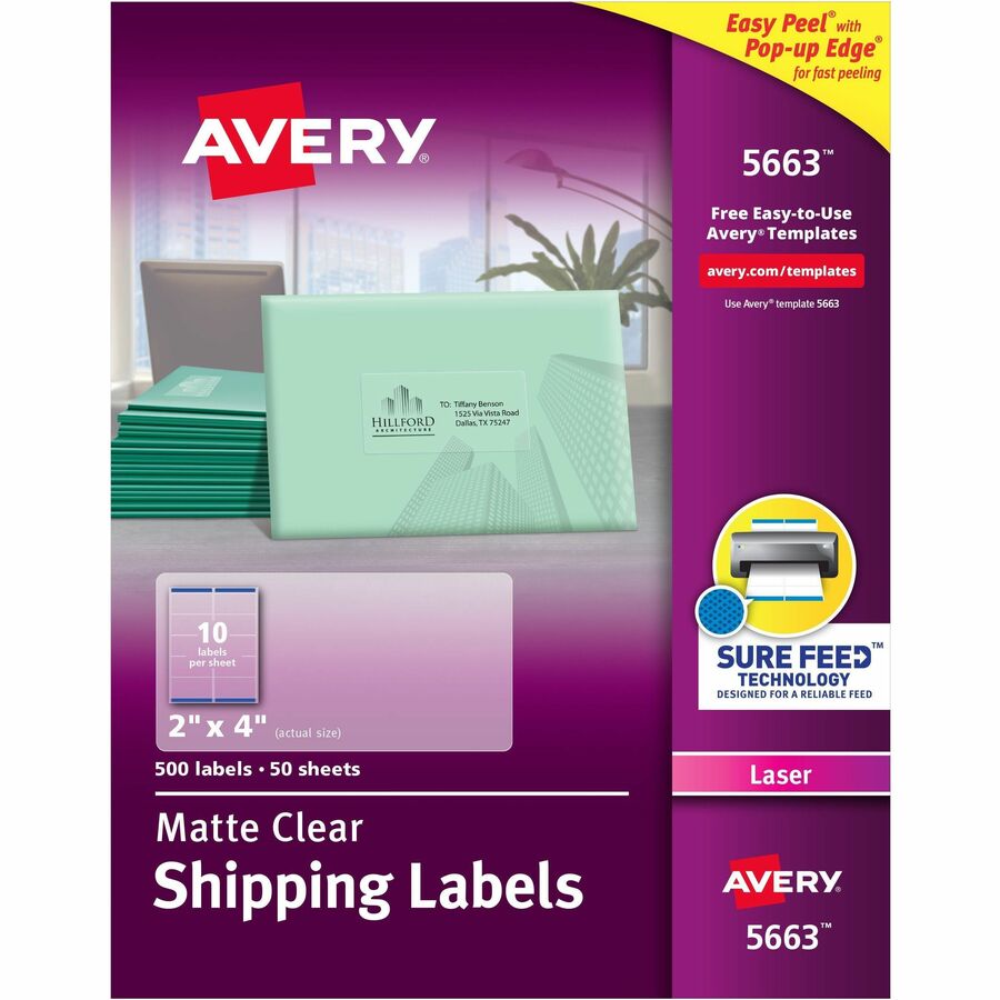 Avery&reg, Clear Shipping Labels, Sure Feed, 2" x 4" , 500 Labels (5663) - 2" Width x 4" Length - Permanent Adhesive - Rectangle - Laser - Matte - Clear - Film - 10 / Sheet - 50 Total Sheets - 500 Total Label(s) - 500 / Box