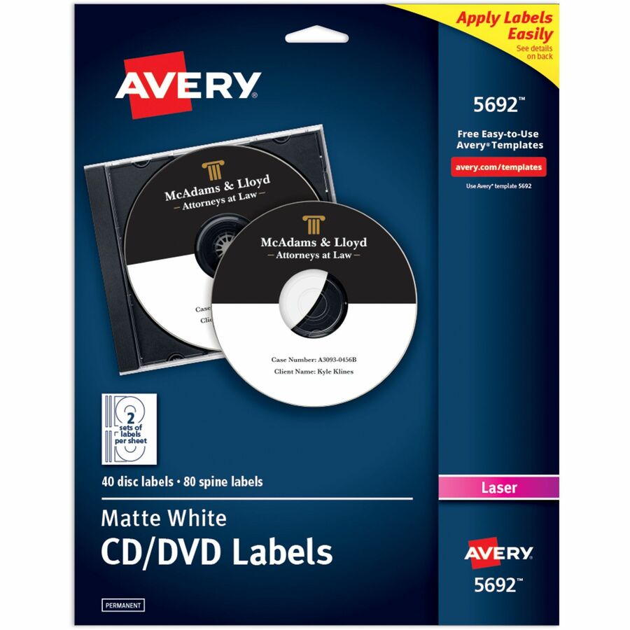 Avery&reg, Optical Disc Label - Permanent Adhesive - Laser - Matte - Matte White - Paper - 2 / Sheet - 20 Total Sheets - 40 Total Label(s) - 40 / Pack