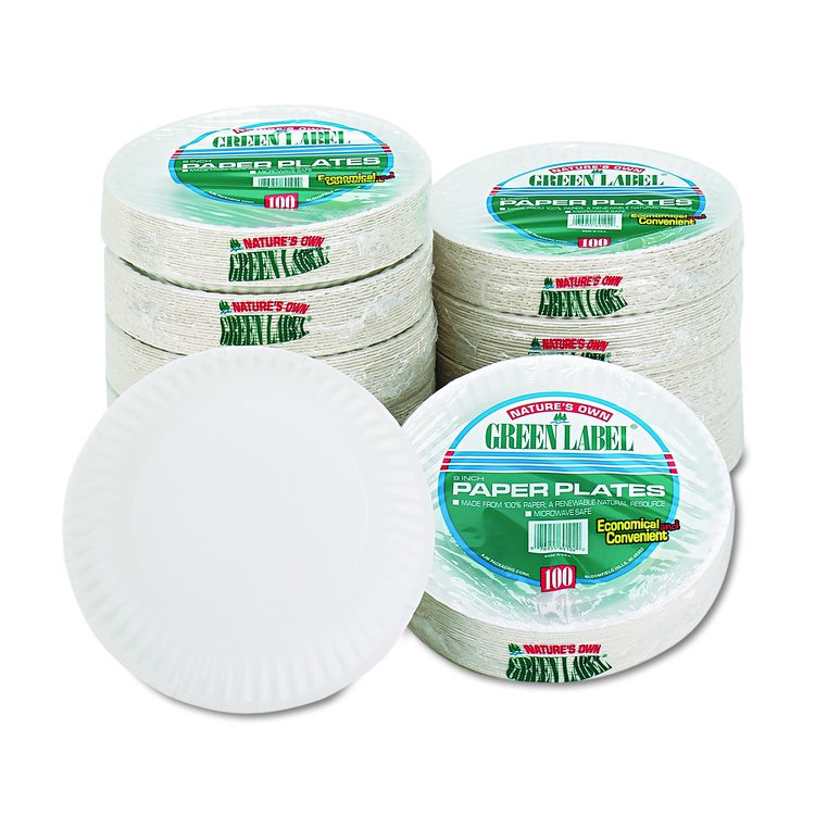 White Paper Plates, 9" dia, 100/Pack, 10 Packs/Carton