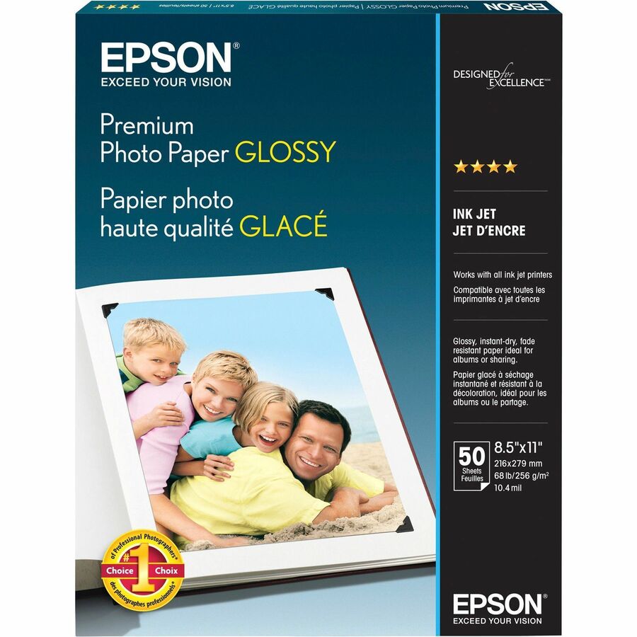 Epson Premium Photo Glossy InkJet Paper - 92 Brightness - 97% Opacity - Letter - 8 1/2" x 11" - 68 lb Basis Weight - High Gloss - White - 1 Pack