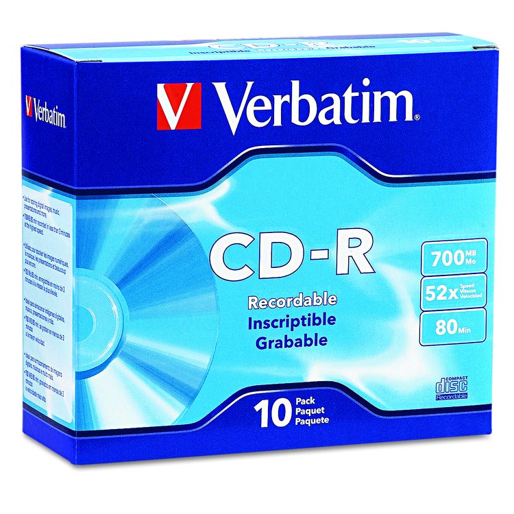CD-R Recordable Disc, 700 MB/80 min, 52x, Slim Jewel Case, Silver, 10/Pack
