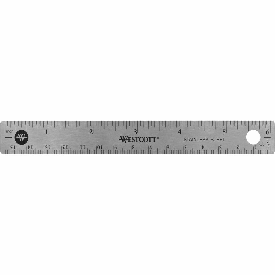 Westcott Stainless Steel Rulers - 6" Length x 0.7" Width - 1/16, 1/32 Graduations - Metric, Imperial Measuring System - Stainless Steel - Stainless Steel - 1 Each