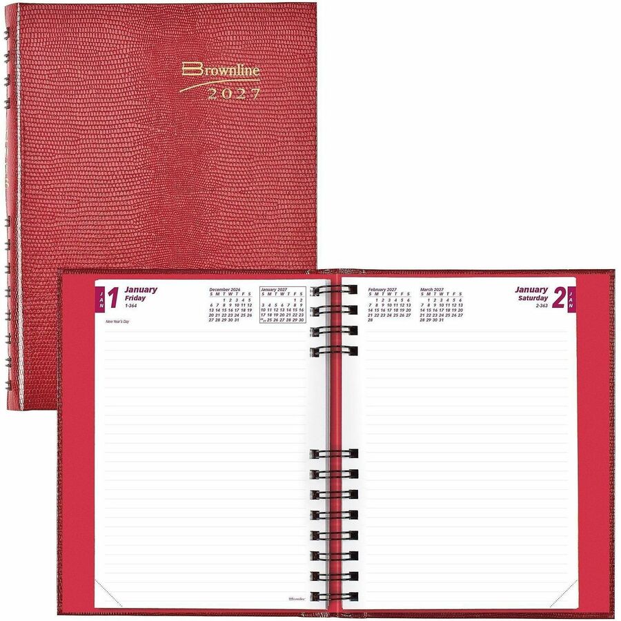 Brownline CoilPro Daily Hard Cover Planner - Daily - January 2027 to December 2027 - 1 Day Single Page Layout - 5 3/4" x 8 1/4" Sheet Size - Twin Wire - Red - 1 Each