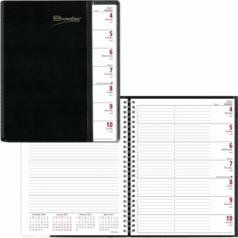 Brownline Pre-Vu Weekly Planner, Transparent Section, English, Black (CB925.BLK) - Weekly - 12 Month - January 2027 to December 2027 - 7:00 AM to 6:00 PM - Hourly - 1 Week Double Page Layout - Letter - 8 1/2" x 11" Sheet Size - Twin Wire - Black - Viny...