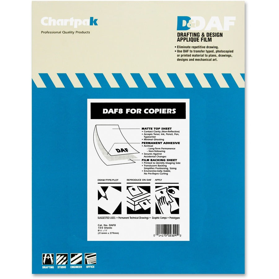 Chartpak 1.5 mil Applique Drafting Film - 100 Sheets - Letter - 8.50" x 11" - Clear - Self-adhesive - For Printer - 1 Box