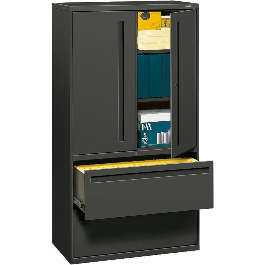 HON Brigade 700 Series Lateral File - 2-Drawer - 36" Width x 18" Depth x 64.3" Height - 3 x Shelf(ves) - 2 x Drawer(s) for File - 2 x Door(s) - Legal, Letter - Lateral - Locking Door, Sturdy, Tamper Resistant, Adjustable Leveler, Heavy Duty, Ball-beari...