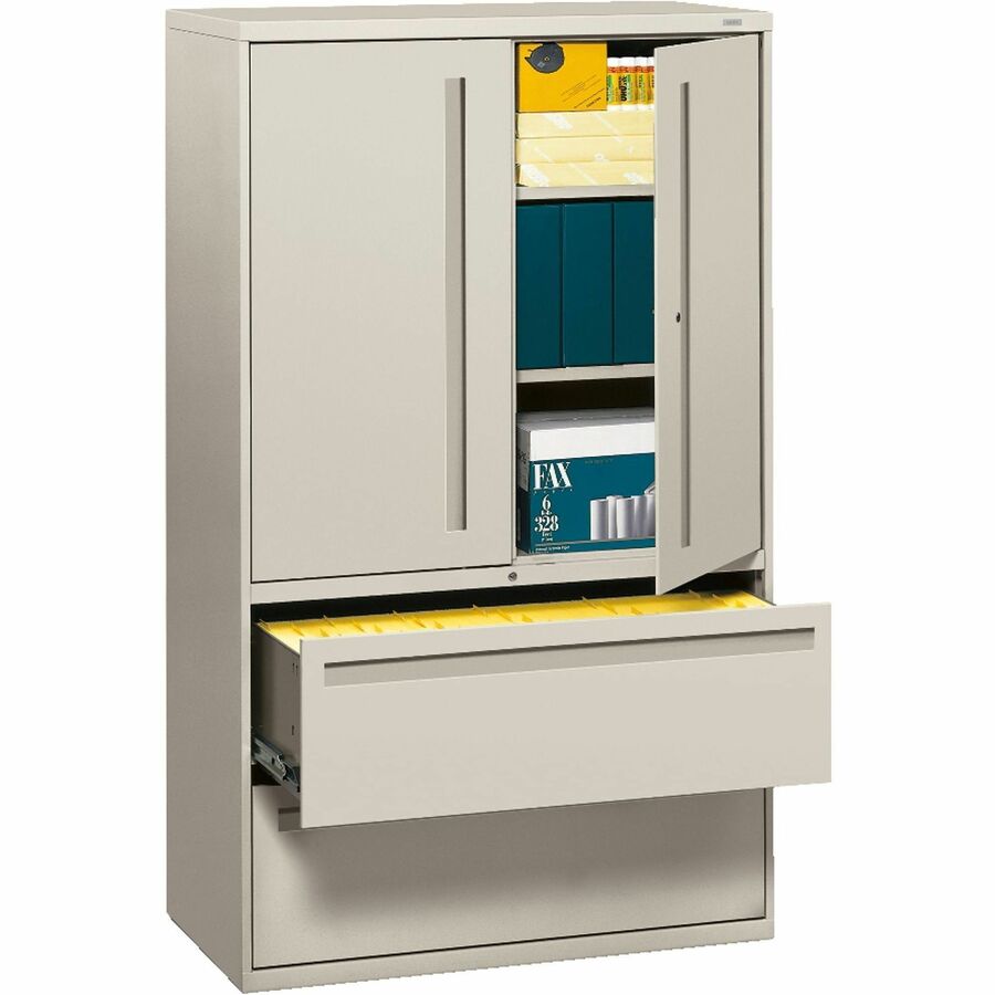 HON Brigade 700 Series Lateral File - 2-Drawer - 42" Width x 18" Depth x 64.3" Height - 2 x Shelf(ves) - 2 x Drawer(s) for File - 2 x Door(s) - A4, Legal, Letter - Lateral - Interlocking - Light Gray - Steel