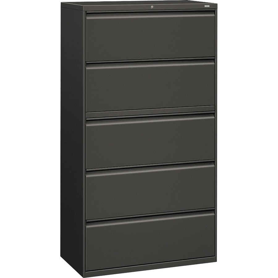 HON Brigade 800 Series 5-Drawer Lateral - 36" Width x 18" Depth x 64.2" Height - 2 x Shelf(ves) - 5 x Drawer(s) for File - A4, Legal, Letter - Lateral - Interlocking, Durable, Leveling Glide, Recessed Handle, Ball-bearing Suspension - Charcoal - Baked...