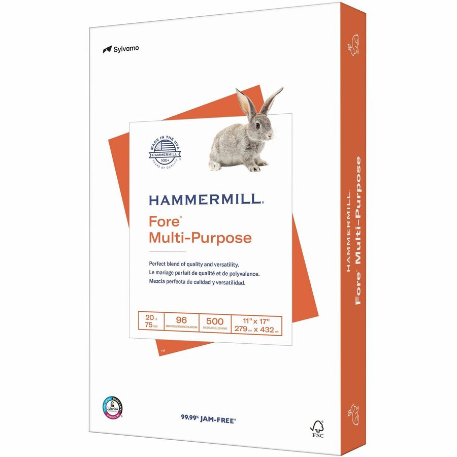 Hammermill Fore Multipurpose Copy Paper - White - 96 Brightness - Ledger/Tabloid - 11" x 17" - 20 lb Basis Weight - Acid-free - White - 1 Ream
