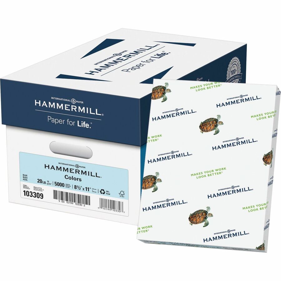 Hammermill Colors Recycled Copy Paper - Blue - Letter - 8 1/2" x 11" - 20 lb Basis Weight - Smooth - Sustainable Forestry Initiative (SFI) - Archival-safe, Acid-free, Jam-free, Eco-friendly - Blue - 5000 Sheets - 500 Sheets/Pack - 500 / Ream