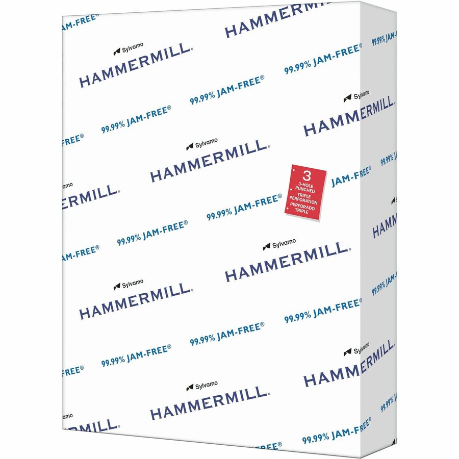 Hammermill Copy Plus 3HP Paper - White - 3-Hole Punched - 92 Brightness - Letter - 8 1/2" x 11" - 20 lb Basis Weight - Acid-free, Pre-punched, Quick Drying - White - 1 Ream