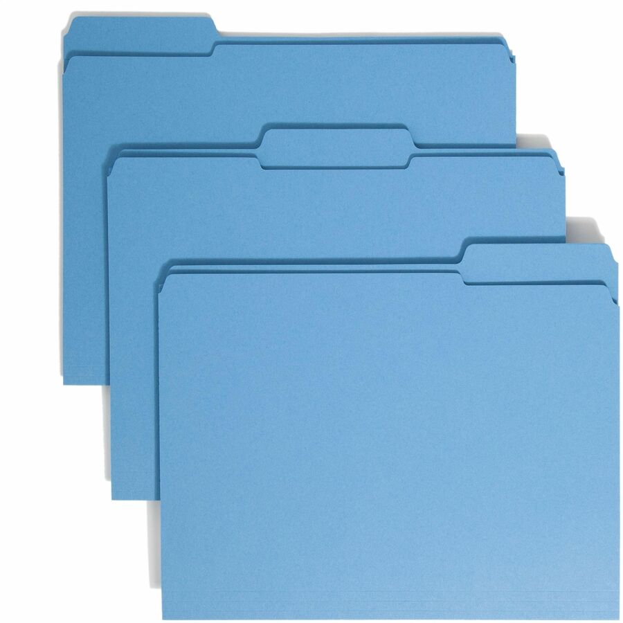 Smead Colored 1/3 Tab Cut Letter Top Tab File Folder - 8 1/2" x 11" - 3/4" Expansion - Top Tab Location - Assorted Tab Position - 11 pt. - 2 Plys - Blue - 10% Recycled - 100 / Box