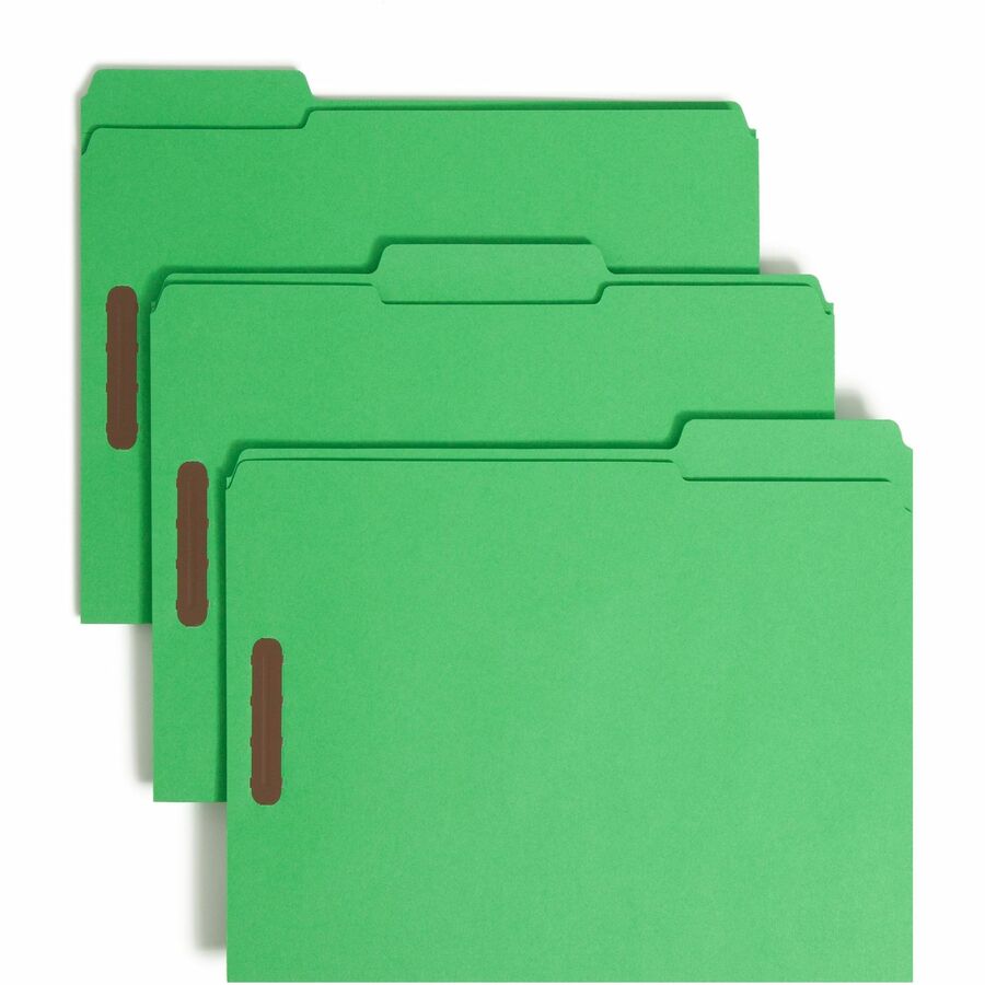 Smead Colored 1/3 Tab Cut Letter Fastener Folder - 8 1/2" x 11" - 3/4" Expansion - 2 x 2K Fastener - 2" for Folder - Top Tab Location - Assorted Tab Position - 11 pt. - 2 Plys - Green - Reinforced Tab - 10% Recycled - 50 / Box
