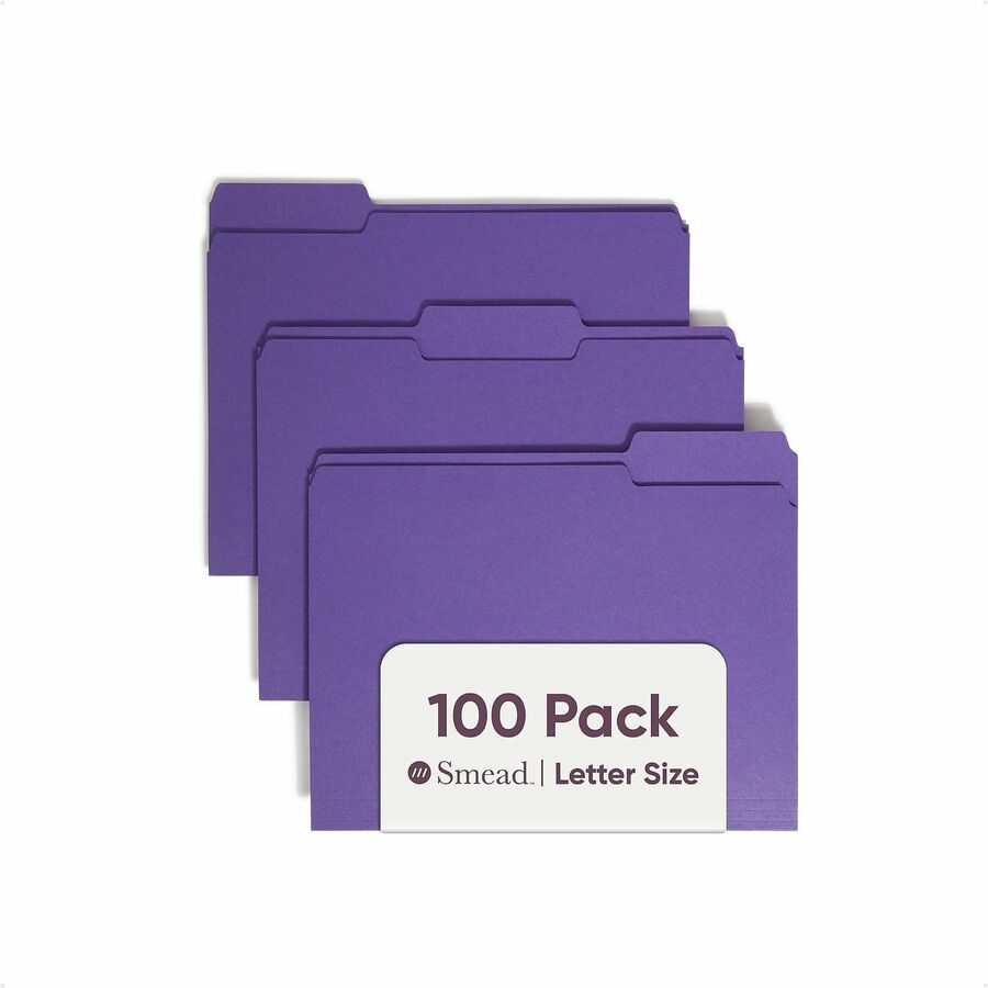 Smead Colored 1/3 Tab Cut Letter Top Tab File Folder - 8 1/2" x 11" - 3/4" Expansion - Top Tab Location - Assorted Tab Position - 11 pt. - 1 Plys - Purple - Rounded Corner - 10% Recycled - 100 / Box