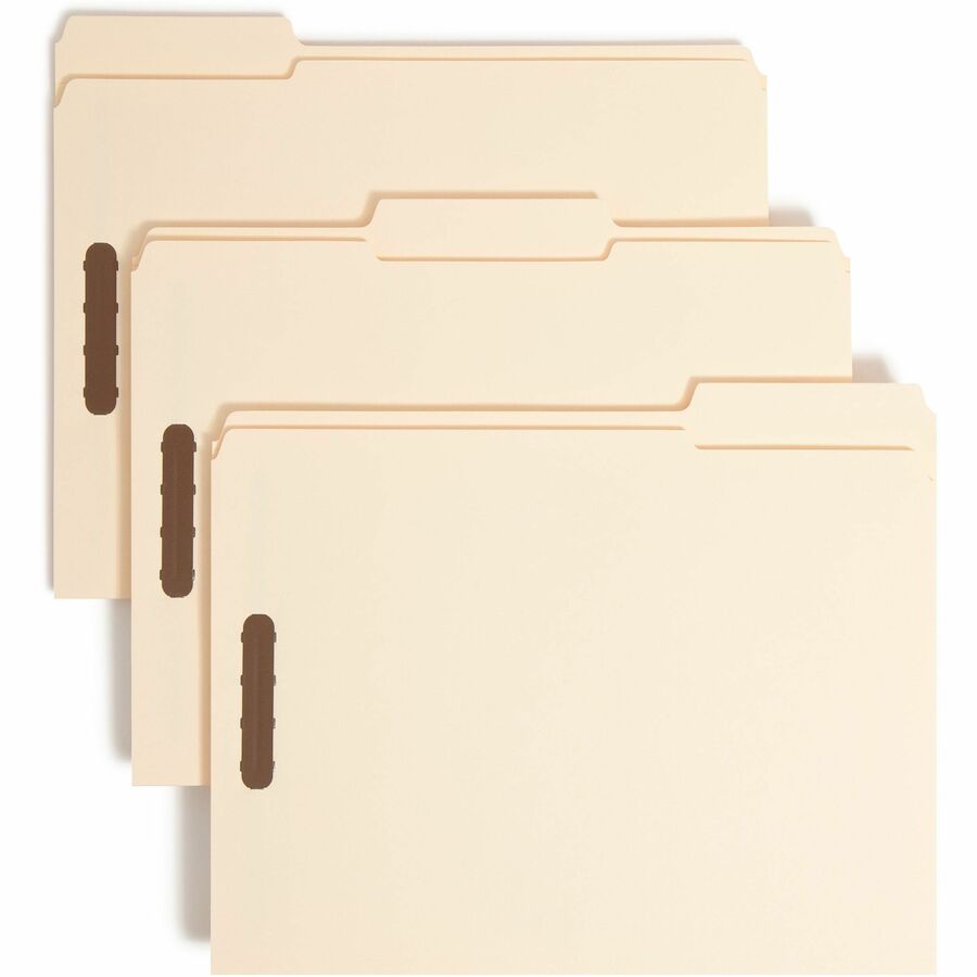 Smead 1/3 Tab Cut Letter Fastener Folder - 8 1/2" x 11" - 3/4" Expansion - 2 x 2K Fastener - 2" for Folder - Top Tab Location - Assorted Tab Position - 11 pt. - 2 Plys - Manila - Reinforced Tab - 10% Recycled - 50 / Box