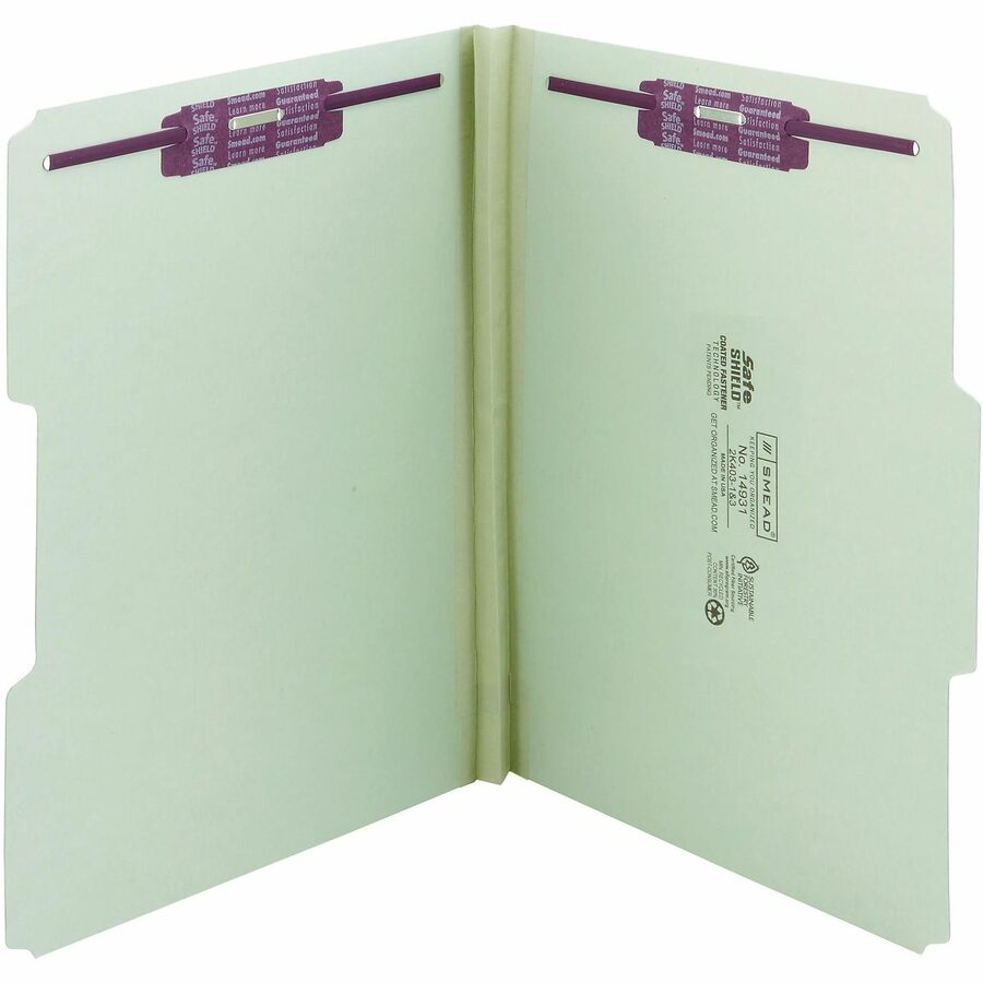 Smead 1/3 Tab Cut Letter Fastener Folder - 8 1/2" x 11" - 1" Expansion - 2 x 2S Fastener - 2" for Folder - Top Tab Location - Assorted Tab Position - 25 pt. - Pressboard - Gray, Green - 60% Recycled - 25 / Box