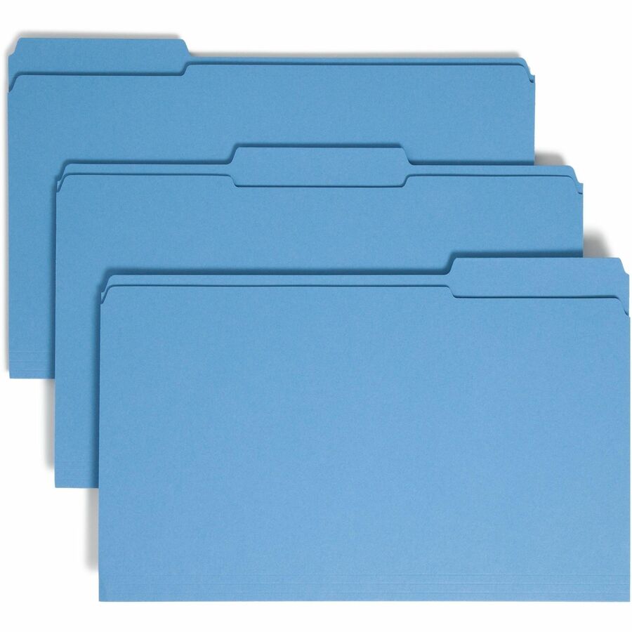 Smead Colored 1/3 Tab Cut Legal Top Tab File Folder - 8 1/2" x 14" - 3/4" Expansion - Top Tab Location - Assorted Tab Position - 11 pt. - 2 Plys - Blue - Reinforced - 10% Recycled - 100 / Box