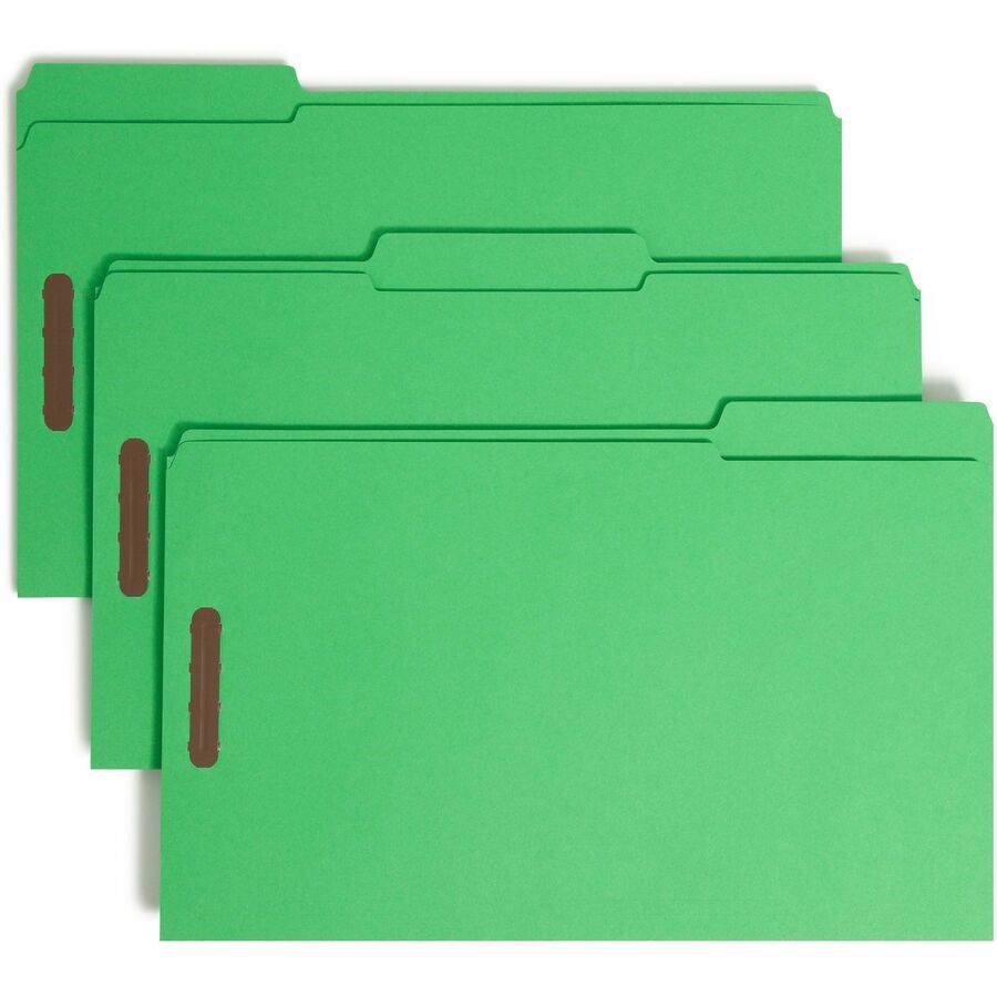 Smead Colored 1/3 Tab Cut Legal Fastener Folder - 8 1/2" x 14" - 3/4" Expansion - 2 x 2K Fastener - 2" for Folder - Top Tab Location - Assorted Tab Position - 11 pt. - 2 Plys - Green - Reinforced Tab - 10% Recycled - 50 / Box