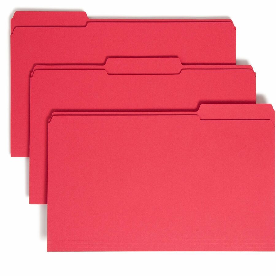Smead Colored 1/3 Tab Cut Legal Top Tab File Folder - 8 1/2" x 14" - 3/4" Expansion - Top Tab Location - Assorted Tab Position - 11 pt. - 2 Plys - Red - 10% Recycled - 100 / Box