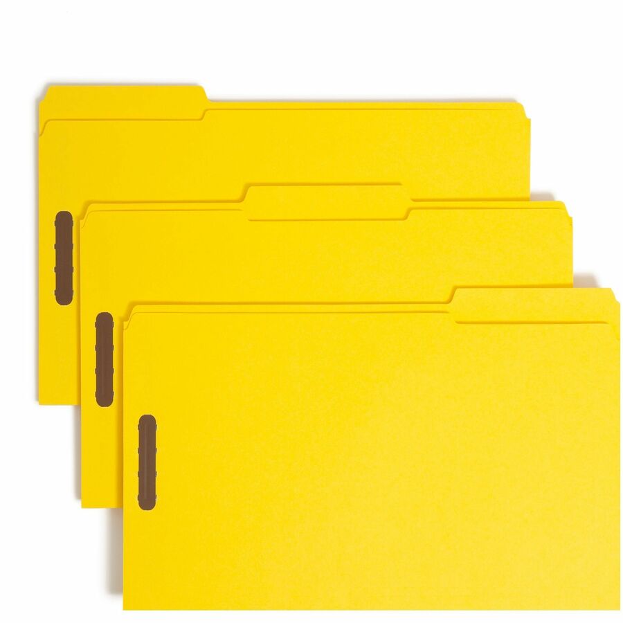 Smead Colored 1/3 Tab Cut Legal Fastener Folder - 8 1/2" x 14" - 2 x 2K Fastener - 2" for Folder - Top Tab Location - Assorted Tab Position - 11 pt. - 2 Plys - Yellow - Reinforced Tab - 10% Recycled - 50 / Box